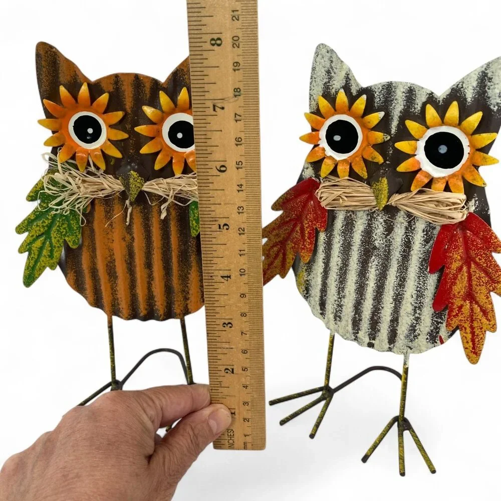 2 Metal Owl‎ Standing Figurines Colorful Fall Leaves Straw Sunflowers Cheerful